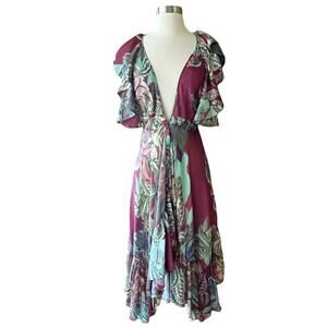 PATBO Tent Dress Red Floral Dress Ruffle Short Sleeves Plungeline Small EUC